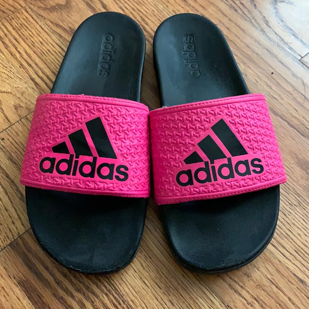 Adidas slides size 6 — hot pink and black